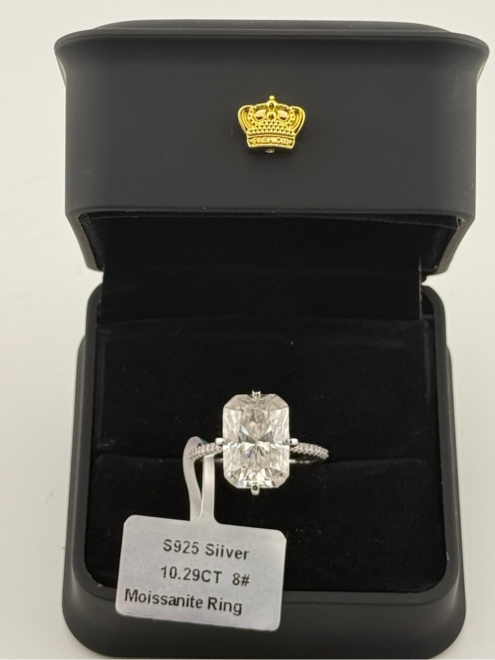 10.29 CT Radiant Cut Moissanite Ring Rhodium Plated 925 Sterling Silver Sz 8